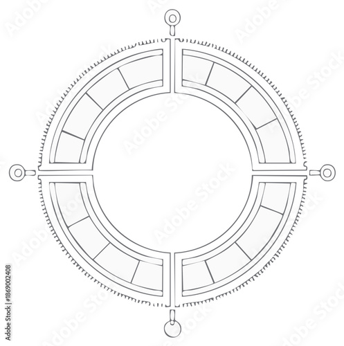 Circular decorative element with segments and a serrated outer edge
