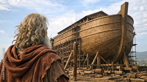 Rear view of Noah looking at the construction of the Ark, preparation for the Great Flood
