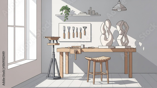 A well lit studio workspace with a wooden workbench and stool featuring abstract sculptures and various tools on the wall with art with craft