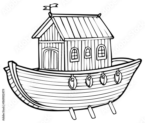 Outlined illustration of a wooden boat with a house-like cabin and a small flag on top.