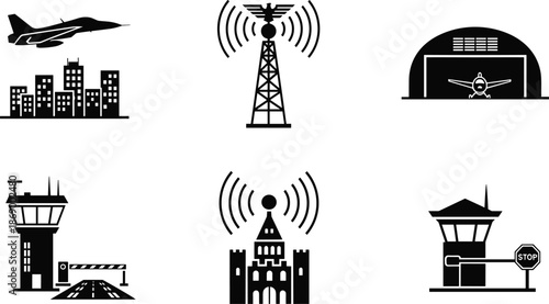 Military defense communication icons silhouette vector illustration, radar tower, airport control, city surveillance, airbase security symbols, modern defense infrastructure set