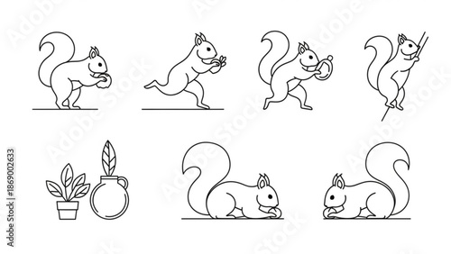 Detailed line art illustrations of squirrels in various poses with a potted plant and vase with animal and wildlife and cartoon with vector