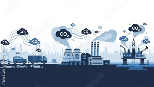 Carbon dioxide emissions from industrial sources and vehicles contributing to environmental pollution and climate change with global with CO2