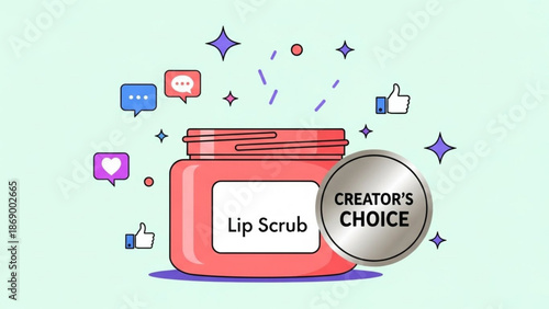 Vibrant pink lip scrub jar with social media icons and creator's choice badge on light green background for beauty and skincare with product