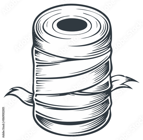 Vintage Sewing Material Design, Spool of Thread, Detailed Engraved Style for Adobe Stock.