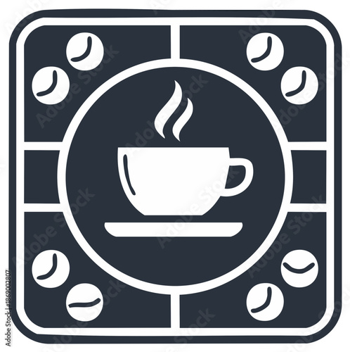 Coffee shop emblem with a steaming hot drink and coffee beans flat vector icon