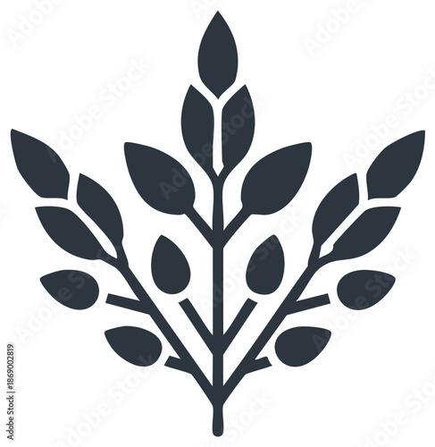 Stylized dark blue plant stem with leaves and buds vector icon