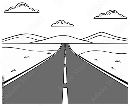 Vector illustration of a long empty road leading to distant mountains under a cloudy sky