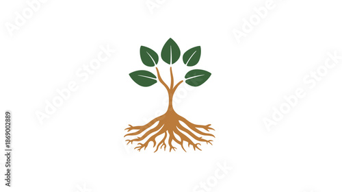 Tree with Roots and Green Leaves.