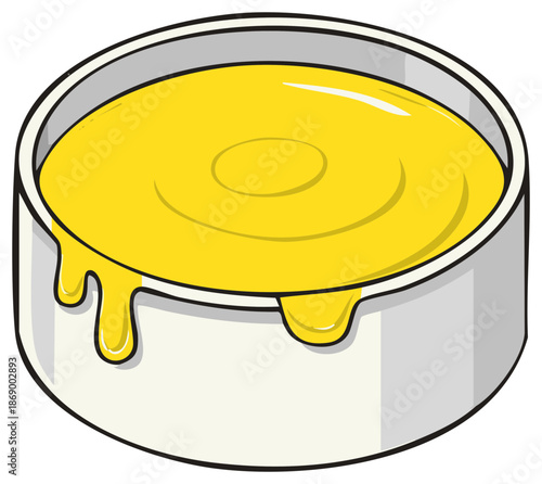 Yellow paint overflowing from an open can with drips on the side