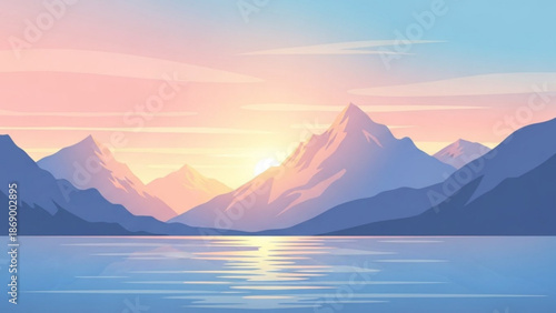 Serene mountain range at sunrise reflected in calm lake water with soft pastel colors in the sky with serene landscape and tranquil with view