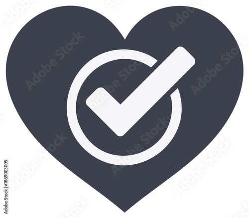 Heart shape with white checkmark inside a circle symbol signifying approval or success