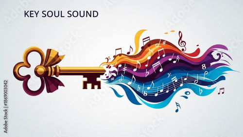 Vibrant musical key unlocking colorful swirling notes and symbols on white background with music illustration and colorful notes with melody