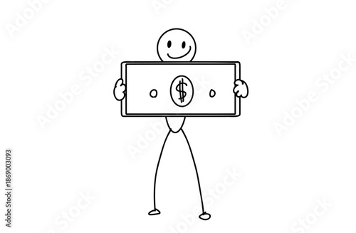 Happy Stick Figure Holding Money – Dollar Bill Hand Drawn Vector