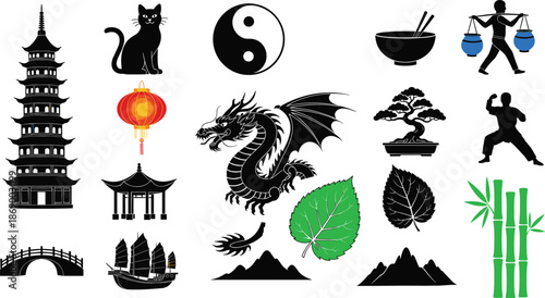 Asian culture icon set illustration featuring dragon pagoda yin yang bamboo martial arts symbols vector collection isolated on white background