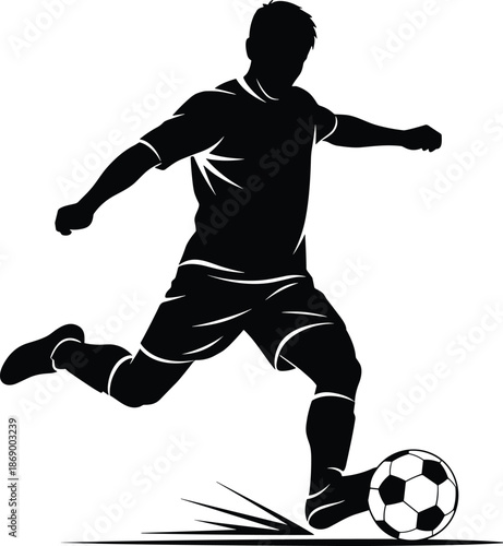 Soccer player silhouette kicking football in dynamic action pose, professional sports competition concept, black and white flat vector illustration isolated