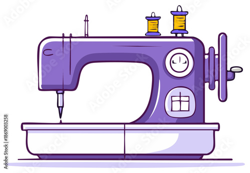 Cartoon illustration of a purple electric sewing machine for tailoring and hobbies