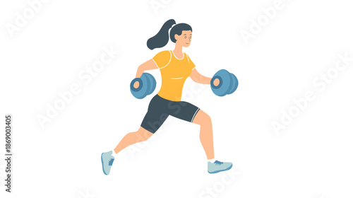 Woman Running with Dumbbells in Hands.