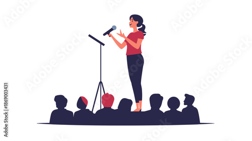 Woman Speaking into Microphone to Audience.