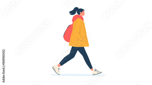 Woman walking with backpack and yellow jacket.