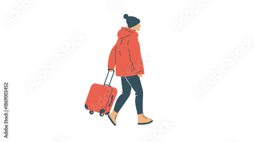 Woman Walking with Red Luggage Suitcase.