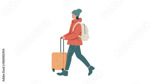 Woman Walking with Luggage and Backpack.