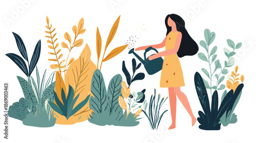 Woman Watering Plants with Green Thumb.