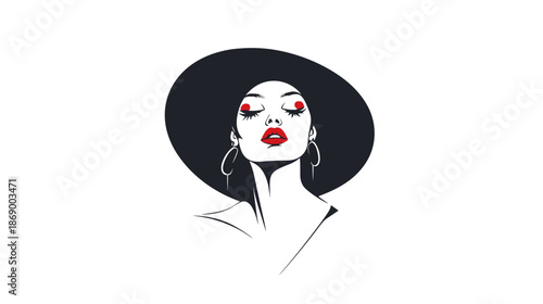 Woman Wearing Black Hat Fashion Illustration.