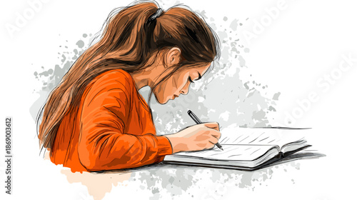 Young Girl Writing in Notebook with Pen.