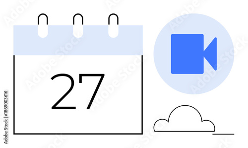 Online meetings, event scheduling, remote work, video conferencing, cloud storage, productivity tools. Calendar showing date with video camera icon and a cloud. Online meetings and event scheduling