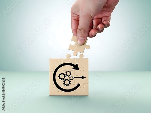 Continuous improvement concept with hand placing puzzle piece