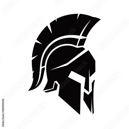 Black silhouette of a Spartan helmet with a prominent crest, depicted in a strong, iconic style.