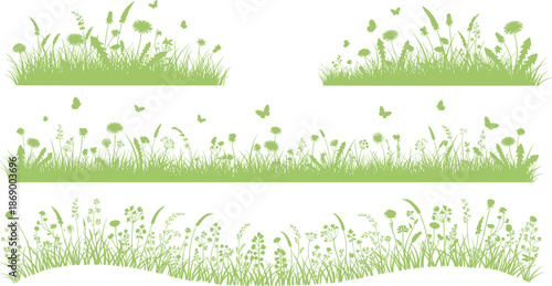 Green meadow grass silhouettes vector set with wildflowers butterflies and plants isolated on white background for nature design use projects