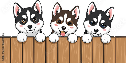 Three Cute Husky Puppies Peeking Over A Wooden Fence, Adorable Cartoon Dog Characters Set, Siberian Husky Pups Vector Illustration For Pet Care Themes.