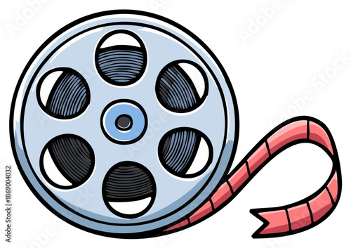 Cartoon film reel with pink tape on white background, movie or cinema concept