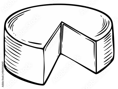 Hand-drawn round cheese with a slice removed, a dairy food product for cuisine, snack, or ingredient usage.