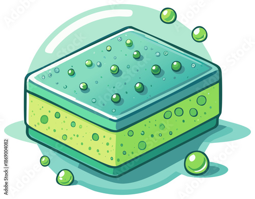 Illustrated green cleaning sponge with a scouring pad and soapy bubbles vector icon