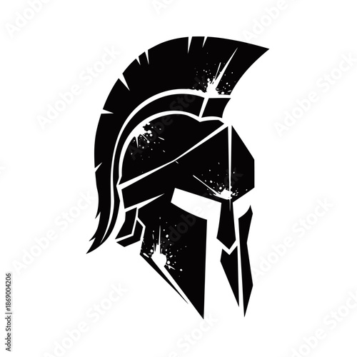 Striking black silhouette of a Spartan warrior helmet with a distressed grunge texture, symbolizing strength, courage, and ancient Greek history.