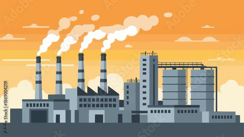 Industrial factory with smoking chimneys against a dramatic sky.