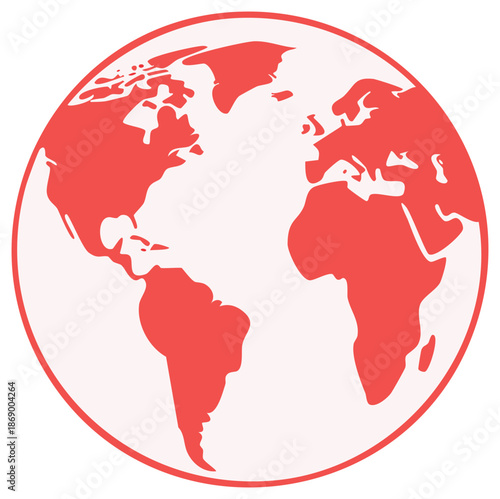 Stylized Red Globe Icon Illustrating Earth Continents and Oceans in a Simple Graphic Design
