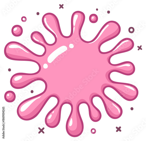 Vibrant Pink Goo Splash Blob with Glossy Texture and Scattered Dots and Cross Shapes