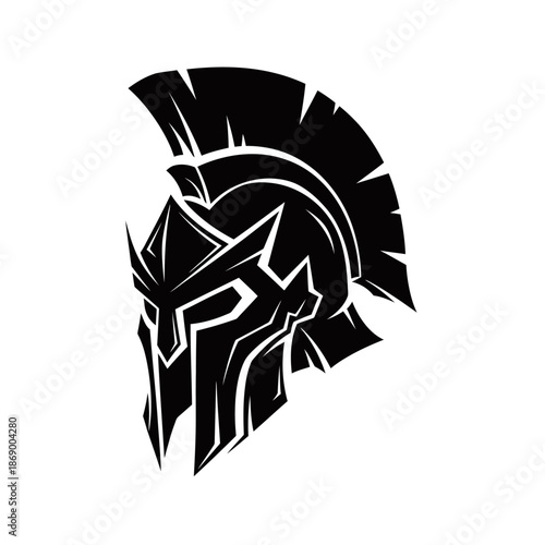 Stylized black and white illustration of a Spartan warrior helmet, featuring a prominent crest and fierce design.