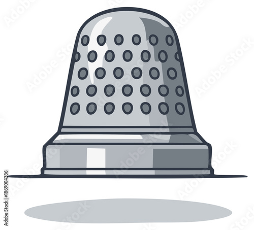 Stylized silver thimble illustration with circular holes and a flat base.