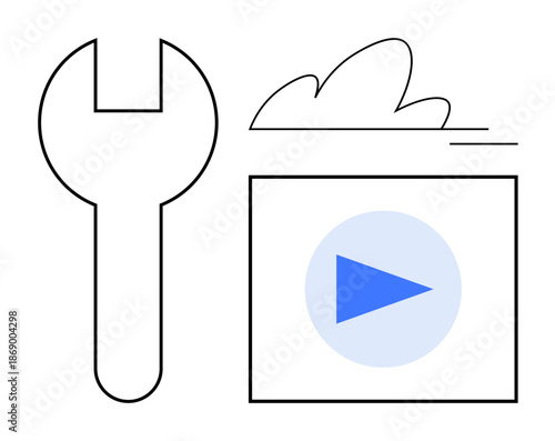Cloud technology, multimedia management, digital tools, video streaming, online storage, content creation. Outline of a wrench, cloud and video play button. Cloud technology and multimedia