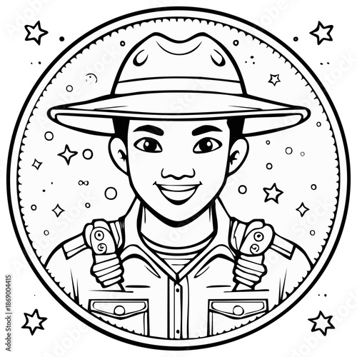 Cartoon smiling man with hat in ranger uniform badge coloring page
