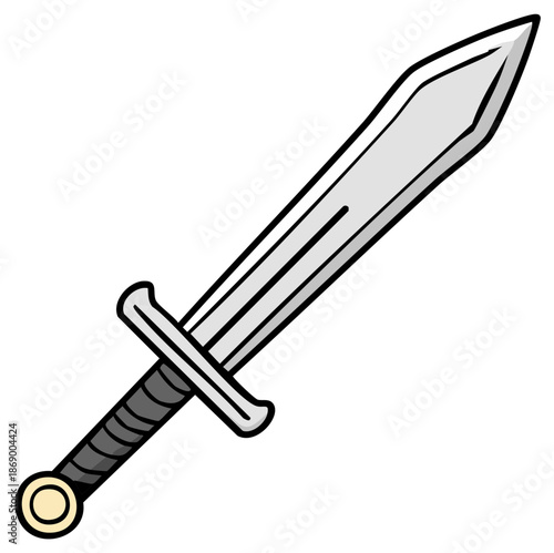 Cartoon illustration of a steel short sword featuring a hand grip and a pommel design.