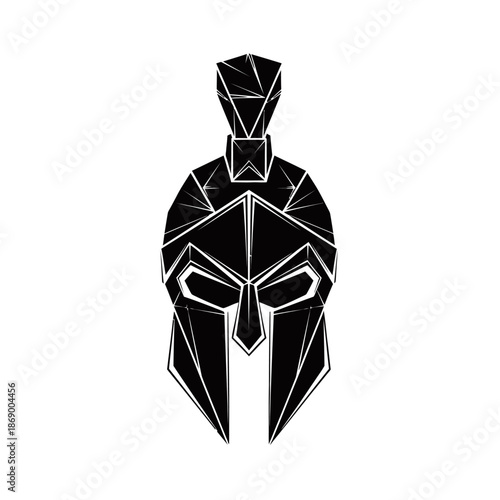 A stylized, geometric black Spartan helmet with sharp edges and a white background.