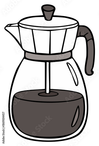 Cartoon moka pot illustration with coffee, a brewing kitchen utensil, for beverages.