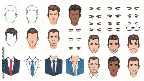 Collection of Diverse Male Faces and Business Attire Elements.