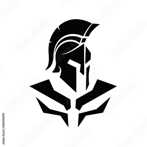 A striking black and white graphic illustration of a Spartan warrior's helmet and upper torso.